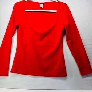 H&M Red Long-Sleeve Scoop Neck Top